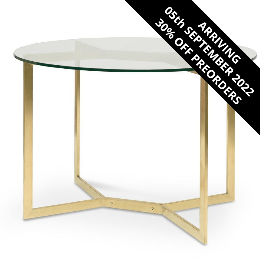 Arden Round Glass Dining Table 1.2m - Gold Base - Modern Boho Interiors