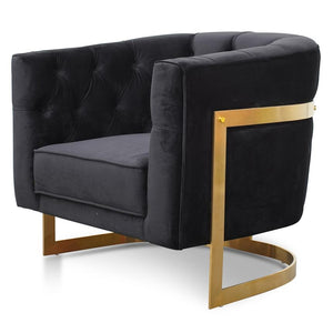 Harford Circular Armchair - Black Velvet, Brushed Gold Base - Modern Boho Interiors