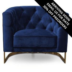 Harford Circular Armchair - Blue Velvet, Brushed Gold Base - Modern Boho Interiors