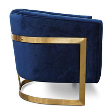 Load image into Gallery viewer, Harford Circular Armchair - Blue Velvet, Brushed Gold Base - Modern Boho Interiors