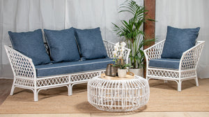 Rina Armchair - White Semigloss & Navy Blue Cushions - Modern Boho Interiors