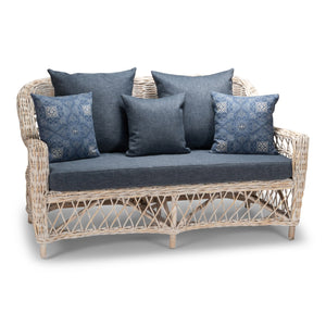 Tia 2 Seat Sofa - White Washed & Navy Blue Cushions - Modern Boho Interiors